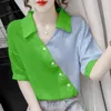 Women's Polos Striped Stitching Temperament Chiffon Shirt Summer Loose And Thin Short-sleeved Contrasting Large Size Korean Version