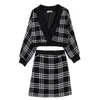 PERHAPS U Women Black White Houndtooth Plaid Tweed Mini Skirt Pencil 2 Two Pieces Set Elegant Sexy V Neck Top LJ201126