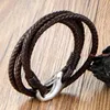Link Chain Charm Brown Bracelets With Double Layered Leather Ropes Stainless Steel Bracelet For Men Fashion JewelryLink