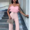 Elegancki piórkowy Patchwork koronkowy Office Sumpit Summer Women Solid romper kombinezon Seksowne bez rękawów szerokie playgiety W220427