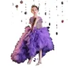 Purple Puffy Girls Dresses 3D Flower V Neck Long Train Kids Teens Pageant Gowns Sequined Birthday Party Dress For Wedding Cooktail Gown 403