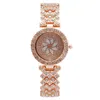 Wristwatches Fashion Round Quartz Flower Pattern Dial Casual Watch Luxury Rhinestone Strap Fashionable Clock Waterproof Wristwatch For Women