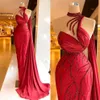 Robes de bal de sirène rouge de luxe avec train détachable sans manches col haut robe de soirée à paillettes Real Image Plus Size