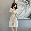 Summer new women's square collar short sleeve elegant OL lace hollow out high waist a-line short dress SMLXL