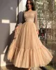 Party Dresses Sparkly Long Sleeves Champagne A Line Tulle Prom Sheer Scoop Neck Ankle Length Formal Evening Gowns 2022 Modest290A