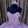 2022 Sexy Lavender Puffy Quinceanera Dresses Sweetheart Lace Appliques Crystal Beading Flowers Ball Gown Vestidos De Dress Guest Corset Back Tulle Tiered Ruffles