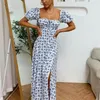Ditsy Floral Print Puff Sleeve Tie Front High Split Dress Women Ruched Drawstring Party Long Vestidos Sundress 220630