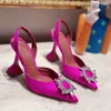 고급 디자이너 샌들 하이힐 Amina muaddi Begum 활 Crystal-Embellished 버클 뾰족한 toesl 해바라기 샌들 여름 신발 10cm 디너 드레스 신발