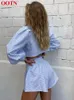 Ootn Gingham Long Lantern Sleeve Turndown Collar Shirt Single Breasted Crop Top Suits With Shorts High midje Summer 2 Piece Set 220526