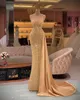 Luxury Gold Mermaid Evening Dresses With Detachable Train Beaded Crystal Vestidos De Fiesta Dubai Arabic Prom Dress