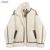 FTLZZ Winter Lambs Wool Splicing PU Leather Jacket Women Fur Collar Warm Thick Parkes Stand Collar Faux Lamb Loose Leather Coat 210908