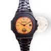 5711 herr automatiska klockor lysande orange urtavla Svart rostfri herr Asia 2813 Urverk graverad text Transparent Mekanisk montre de luxe armbandsur