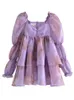 2022 Hollow Out Backless Purple Organza Ball Sunka Sukienka Elastyczna puff rękawy retro kobiety huśtawka mini sukienki bajki vestidos 220511
