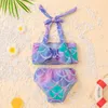 Maillot de bain deux pièces pour bébés filles, joli ensemble deux pièces, col licou, imprimé écailles de poisson léopard, ensemble 2 pièces, plage d'été