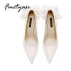 Elegant Women Pumps Luxury Satin Pointed Toe Butterfly-knot Shallow Female High Heel Silk Red White Party Wedding Dress Shoes G220516