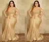 Sexy Plus Size Formalne Suknie Wieczorowe Elegancki Z Długim Rękawami Złota Koronka Wysoka Szyi Płaszcza Specjalna okazja Dress Matka panny młodej Pro232