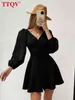 TTQV Seksi Siyah Kadın Elbise Moda V Yaka Uzun Kollu Mini Elbiseler Lady Elegant Tek Göğüslü Parti Bodycon Elbise Robe T220804