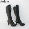 Botas Sorbern Matt hasta la rodilla, tacones de aguja para mujer, botas rizadas con cordones, botas de baile para travestis Sissy, botas de baile personalizadas de corte ancho