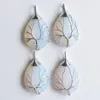 Pendant Necklaces Wholesale 4pcs/lot Good Quality White Color Wire Wrap Handmade Tree Of Life Drop Shape Mixed Natural Stone Pendants FreePe