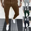 실내 치노 남성 남성용 바지 집 남성 슬림 핏 격자 무늬 프린트 지퍼 캐주얼 패션 긴 바지 맨스