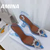 Amina Muaddi Womens Sandals Leather Sole Designer High Heels 10cm Crystal Butterfly Diamond Chain Decoration Banquet Women Skyblue PVC Wedding Sexy Formal Shoes