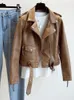 Women's Leather & Faux Ftlzz Spring Autumn Women Jacket Slim Streetwear Khaki Coat Biker Moto With Belt Female OuterwearWomen's