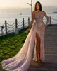 Seksi bir omuz denizkızı balo elbiseleri yüksek yan bölünmüş dantel boncuk resmi gece önlükleri fotoğraf çekim yarışmacı elbise