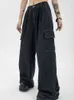 Blue Multi-Pocket Denim Cargo Pants Women's Summer New Retro American Loose Design High midja raka breda ben Jeans T220728
