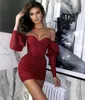 Casual Dresses Women Winter Fashion Sexy Off Shoulder Long Sleeve Burgundy Mini Bandage Dress 2022 Elegant Evening Party VestidosCasual