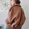 Ailegogo Autumn Kobiety pu faux miękka skórzana kurtka z paskiem streetwear żeńska brązowa kieszonkowa lakier