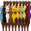 2022 Sexig Maxi Dress Women Autumn Winter Bodycon Splites Square Collar Solid Color Long Sleeve Kirt Clubwear Plus Size Dhl