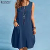 Vintage solide Robe d'été femmes plage Robe d'été ZANZEA décontracté sans manches longueur au genou Vestidos femme bouton Robe 220521