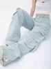 Lichtkleurige gereedschap jeans dames zomer Amerikaans retro ontwerp multi-pocket hoge taille wijd been neutrale denim broek vrouwelijk T220728