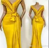 Elegant Off The Shoulder Satin Mermaid Evening Dresses 2022 Ruched Ruffles Sweep Train Formal Party Prom Dresses robes de soirée PRO232