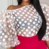 Women Polka Dot Blouse Elegant Tops Transparent See Through Puff Sleeve Sexy Large Size Shirt Fashion Party Female African 220516