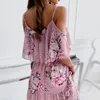 Floral bedrucktes Boho-Strand-Chiffon-Kleid, weiblich, rückenfrei, sexy Frauen, Sommer, gekräuselt, schulterfrei, beiläufig, elegante Mini-Kleider 220516