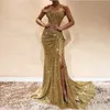Sexy Gold Sequins One Shoulder Prom Dresses Mermaid Plises Slit hundido Long Formal Fiest Farty Gowns 2023 Robe de Soiree