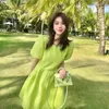 Casual Dresses Solid Color Trend Pleated Simple and Chic Big Brand Design Green Puff Sleeves Elegant Women's Summer Midi Dress Partycasu