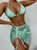 Costume da bagno donna Stampa Bikini 2022 Costume da bagno a triangolo Donna Gonna con scollo all'americana 3 pezzi Set Costume da bagno elegante Abbigliamento da spiaggia Biquini