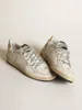 Low top small dirty shoes designer luxury italian retro handmade Ball Star LTD sneakers in white leather with gold laminated leather inserts-2