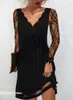 Womens Dress Sexy Lace Mesh Patchwork Long Sleeve Dress Solid Elegant Party Dresses Fashion Casual Streetwear Bodycon Dress 220601