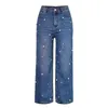 Dames jeans vrouwen hoge taille parel kralen wijd been rechte denim broek pantalon femmewomen's