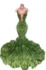 2022 Sexy Sparkly Lantejoulas Azeite Verde Sereia Africano Prom Vestidos Preto Meninas Jóias Ilusão de Garganta Longa Graduação Vestido Plus Size Formal Lantejoulas Vestidos de Noite