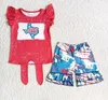 Roupas Conjuntos de roupas Kid de atacado 4 de julho Boutique Summer Setra Children camada camisa de dupla camada azul shorts de babado sólido