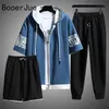 Conjunto de 3 piezas Streetwear Chándal Hombres Traje de sudor Conjuntos de verano Cremallera con capucha Tops de manga corta Pantalones Ropa corta 220621