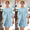 Çarpıcı 2019 Açık Mavi Gelin Dantel Elbiseler Ceket Mücevher Boyun Kılıfı Çiçek Dantel ve Saten Kısa Düğün Konuk 287p