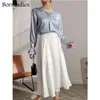 BornLadies 2022 Stylish Satin kjol sätter kvinnor högkvalitativa lykta ärmskjortor en linjekjolar kostym klänning fjäderbitar set t220729