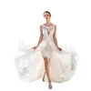 Lace Bohemian Wedding Dresses With Detachable Train Beach Bridal Gowns Sheer Bateau Neck Backless Boho Appliques Knee Length Vesti188T