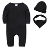 Spring long sleeves Baby rompers cotton Solid childern born hats Baby bib boy girls clothes sets LJ201223