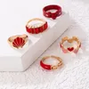 Härlig rött grishjärta Joint Ring Set Dripping Oil Shell Shiny Crystal Stone Alloy Metal Jewelry Anillo 5st/Set